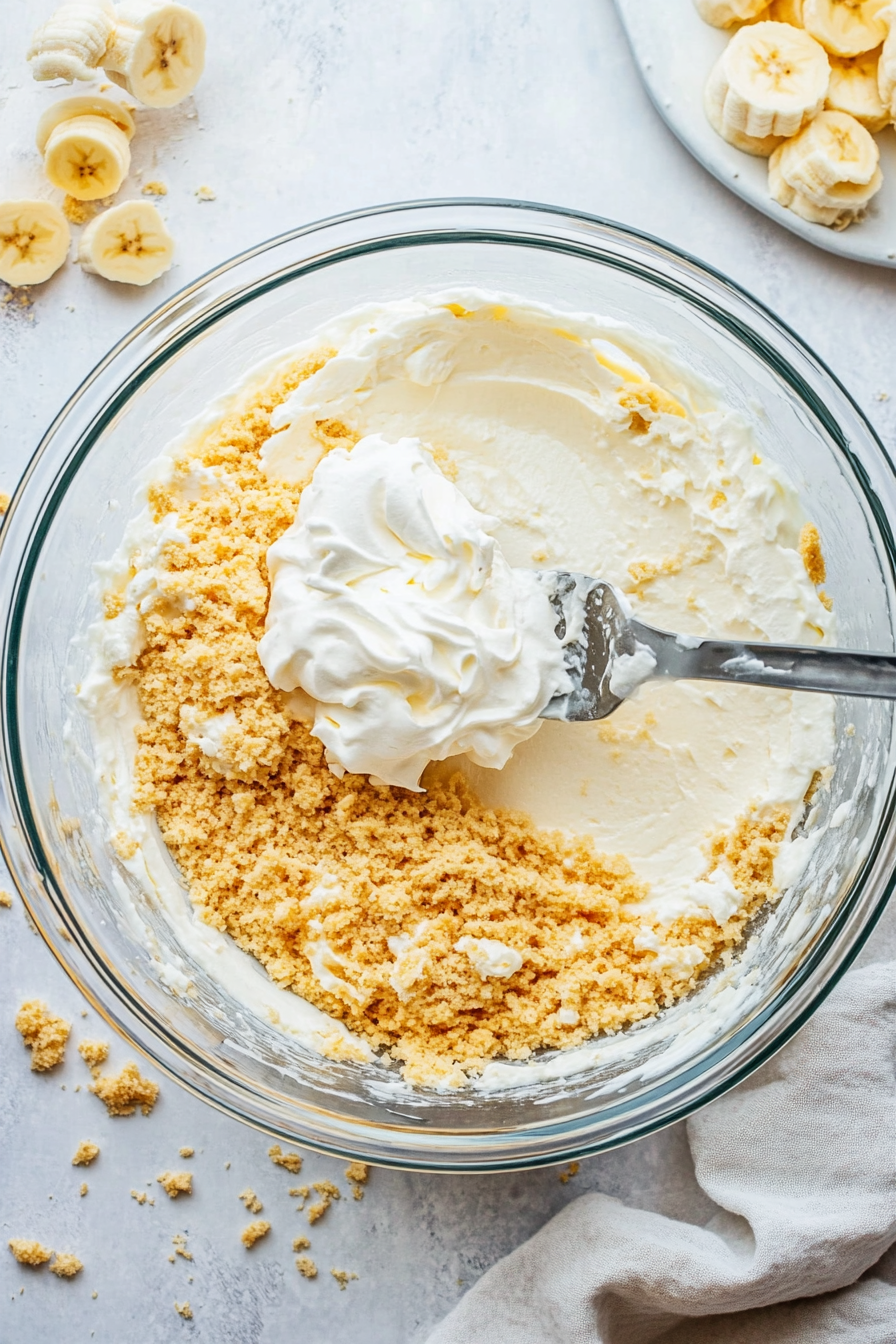 This image shows whipped cream being gently folded into the cream cheese and banana pudding mixture, making the cheesecake filling light, airy, and smooth.