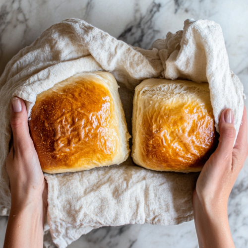 This image shows two freshly baked golden-brown yeast bread loaves with a soft, tender crust and fluffy interior, ready to be served.