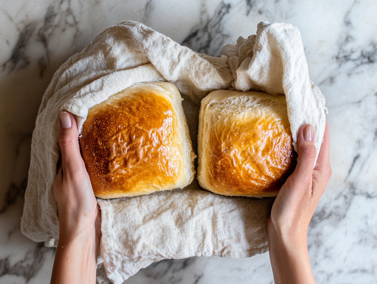 This image shows two freshly baked golden-brown yeast bread loaves with a soft, tender crust and fluffy interior, ready to be served.