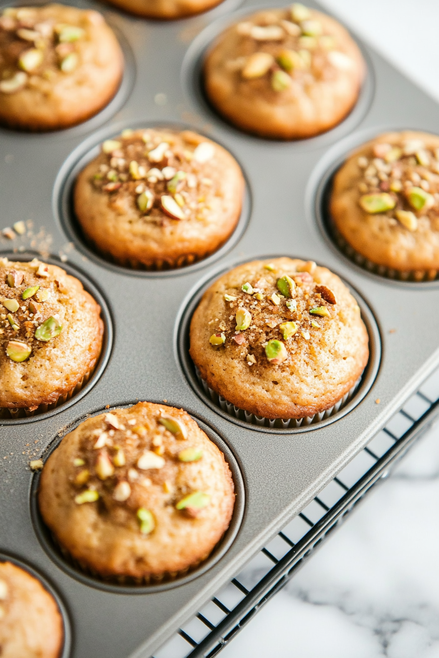 This image shows the freshly baked pistachio muffins cooling on a wire rack, allowing them to set and develop their full flavor.