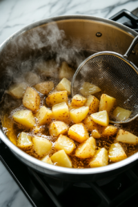 This image shows potato cubes frying in a heavy nonstick pot filled with hot canola oil, achieving a golden crispy exterior while keeping the inside fluffy.