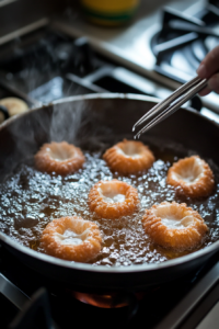 This image shows the piped dough rings being fried in hot oil, with the parchment paper being removed using tongs as the crullers turn golden brown during cooking.