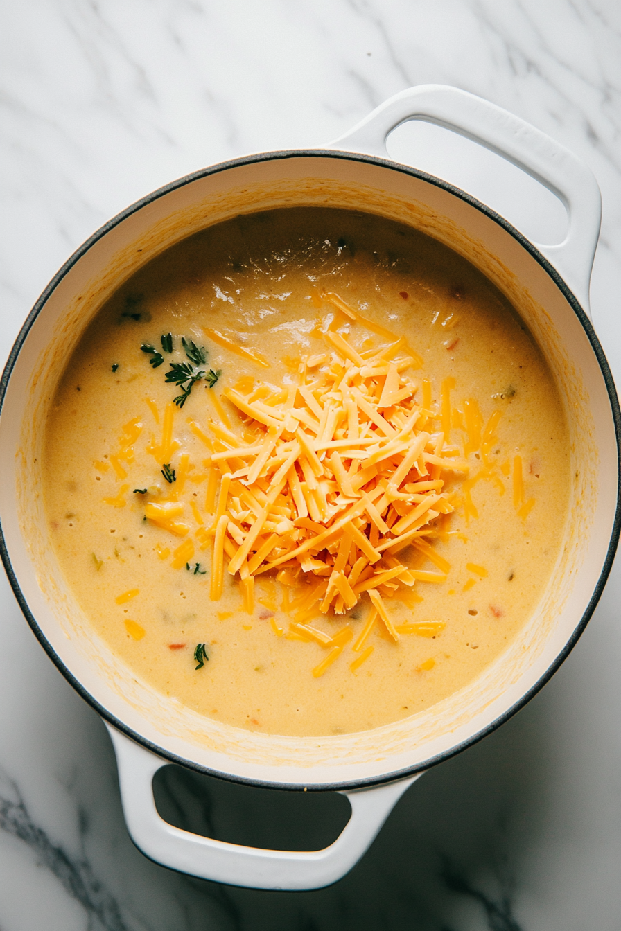 garnishing beer cheese soup with crispy bacon pieces and diced green onions