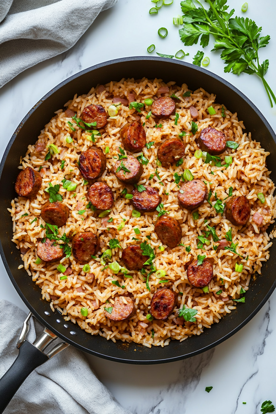 This image shows the finished smoked sausage and rice garnished with fresh parsley, ready to be served hot as a satisfying and flavorful dinner for the whole family.