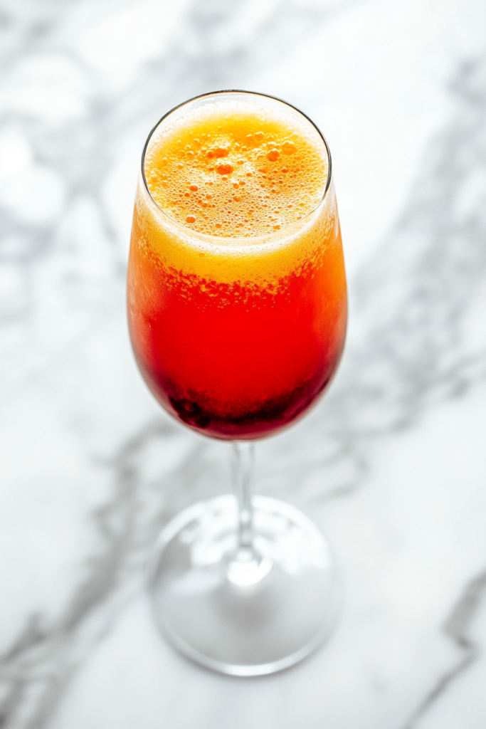 This image shows the Christmas mimosa being garnished with sugared cranberries and a fresh rosemary sprig, adding a festive and elegant touch to the holiday drink.