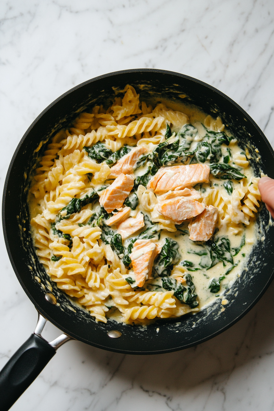 This image shows flaked salmon and cooked pasta being gently folded into the creamy lemon sauce, combining all the ingredients into a flavorful and cohesive dish of spinach salmon pasta.