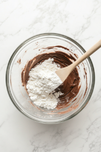 This image shows flour being gently folded into the Nutella and egg mixture using a spatula, creating a smooth batter for the Nutella cake.