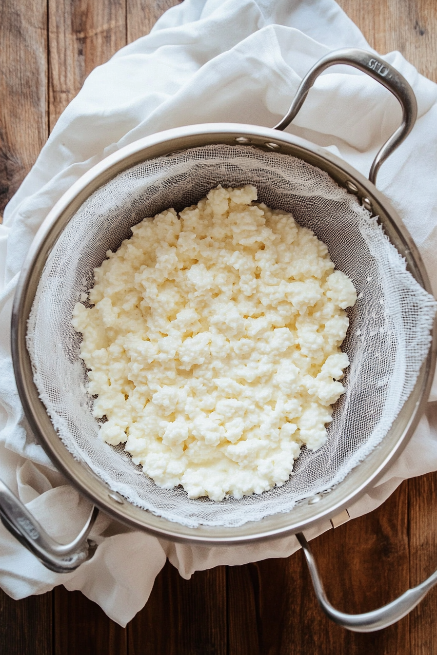 This image shows the curds being gently heated to 98°F and then carefully drained into a cheesecloth-lined strainer, with whey being poured over the curds to aid in the draining process.