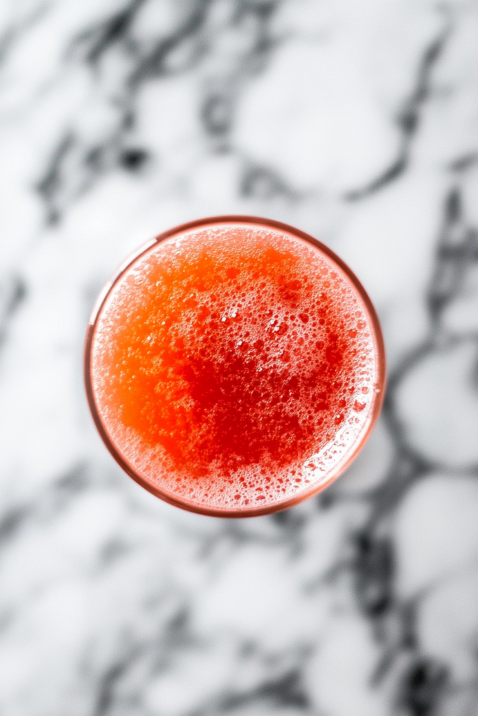 This image shows orange liqueur being gently stirred into the champagne and cranberry juice mixture, adding a zesty citrus note to the Christmas mimosa.