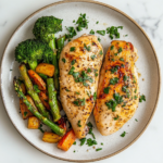 This image shows the Garlic Butter Baked Chicken, featuring golden-brown chicken breasts coated in a rich garlic butter sauce, served on a plate with a garnish of fresh parsley. The dish is presented beautifully, highlighting the simplicity and flavor of the recipe.