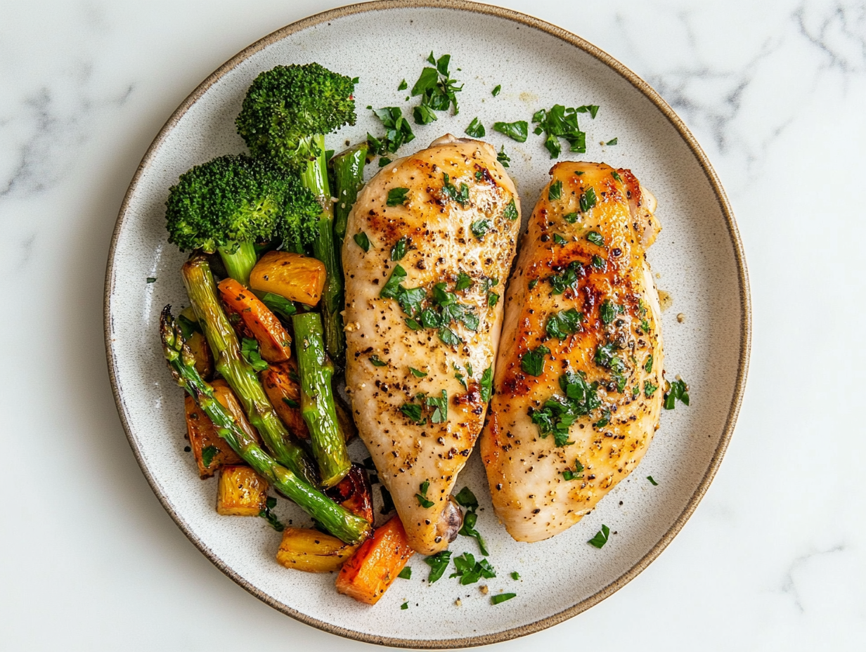 This image shows the Garlic Butter Baked Chicken, featuring golden-brown chicken breasts coated in a rich garlic butter sauce, served on a plate with a garnish of fresh parsley. The dish is presented beautifully, highlighting the simplicity and flavor of the recipe.