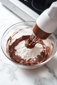 This image shows flour and cocoa powder being gradually mixed into the Nutella cookie batter, ensuring a thick and chocolatey dough texture