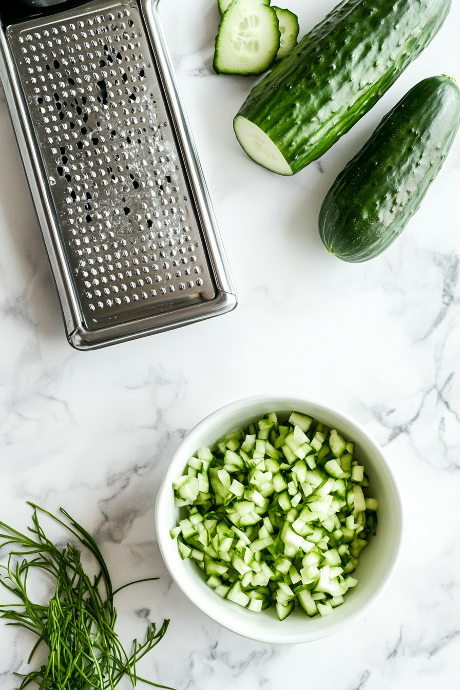 This image shows a cucumber being grated with the skin on using a fine grater, creating the base for the refreshing and creamy vegan tzatziki sauce.