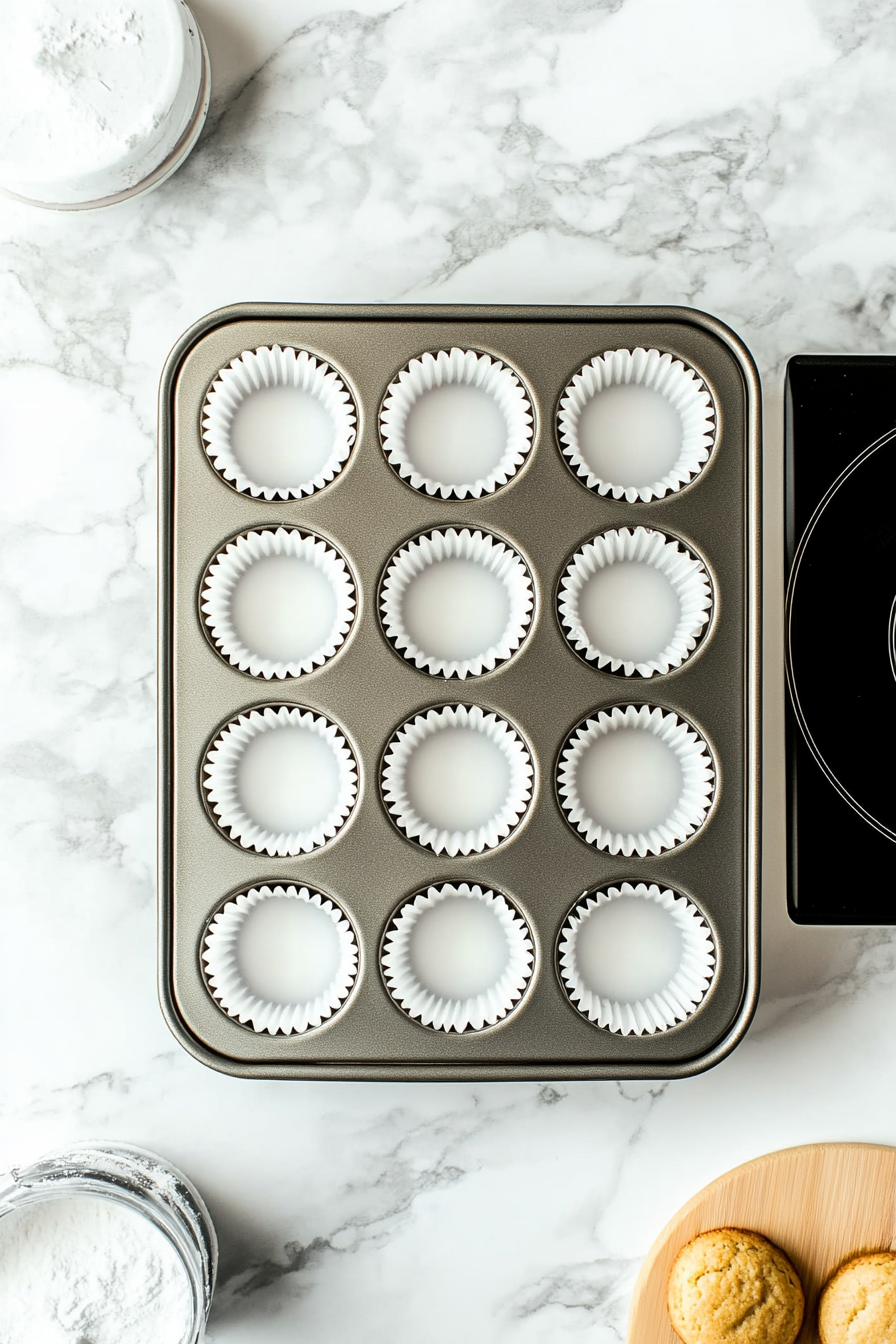 This image shows a muffin tin being prepared by either greasing the cups or lining them with paper liners, getting it ready for baking hearty breakfast muffins.