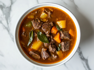 This image shows a bowl of hearty Jamaican soup, packed with chunks of beef, colorful vegetables, and fresh herbs, offering a warming and flavorful meal.