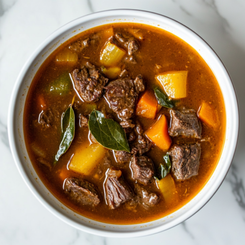 This image shows a bowl of hearty Jamaican soup, packed with chunks of beef, colorful vegetables, and fresh herbs, offering a warming and flavorful meal.