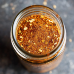 This image shows the homemade baked chicken spice rub stored in a jar, with its vibrant blend of everyday spices like smoked paprika, garlic powder, and onion powder, ready to add flavor to any chicken dish.