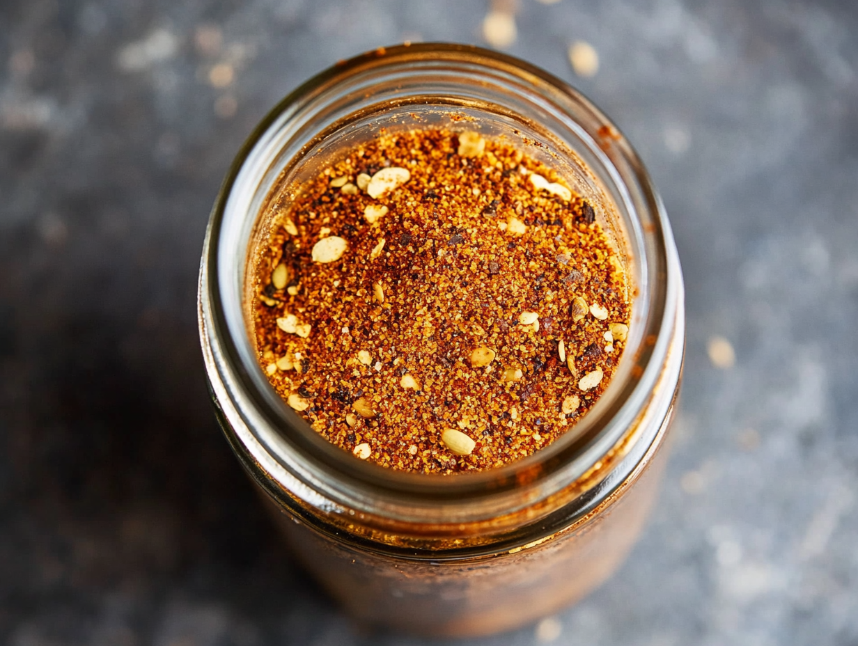 This image shows the homemade baked chicken spice rub stored in a jar, with its vibrant blend of everyday spices like smoked paprika, garlic powder, and onion powder, ready to add flavor to any chicken dish.