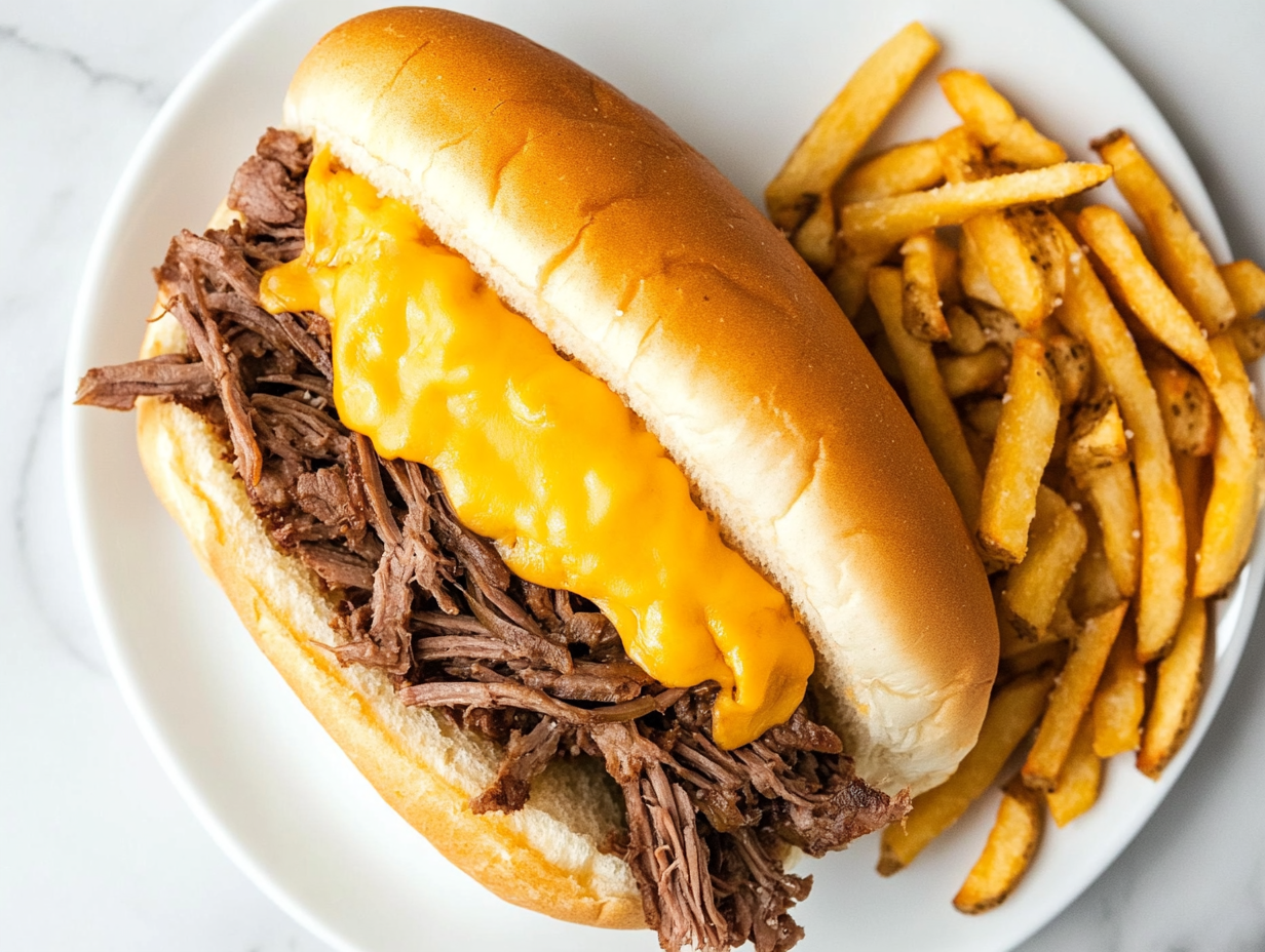 This image shows a close-up of a homemade beef and cheddar sandwich, featuring tender slices of roast beef and creamy melted cheese on a fresh onion bun, served with curly fries for a delicious fast-food experience at home.