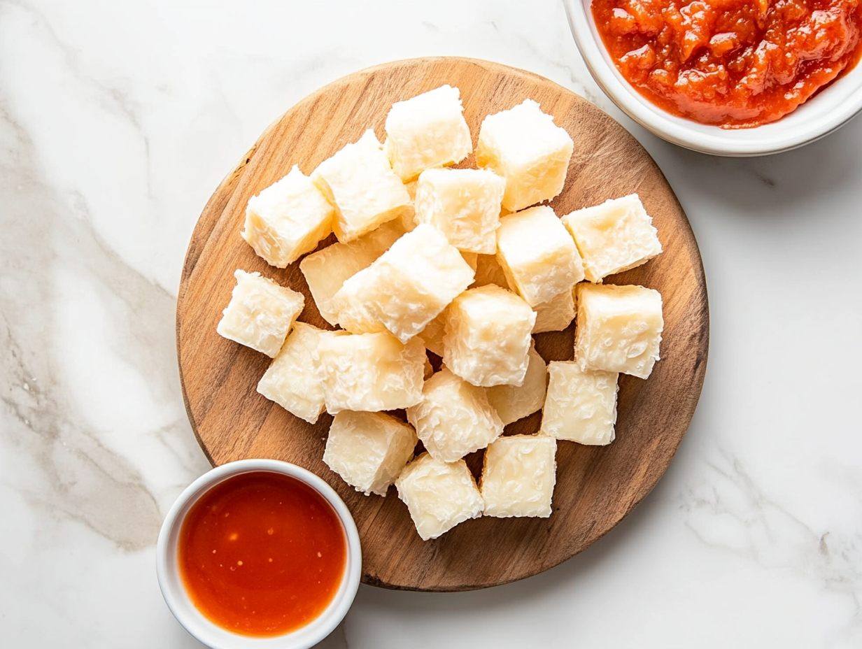 This image shows a close-up of freshly made homemade cheese curds, highlighting their tangy flavor and soft, squeaky texture, perfect for snacking or adding to your favorite dishes.