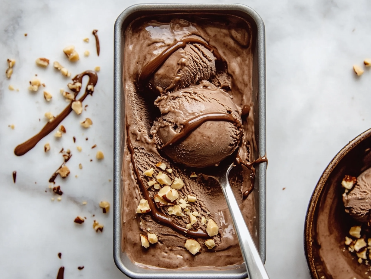 This image shows a baking pan of rich, velvety homemade Nutella ice cream, beautifully garnished with chopped hazelnuts and a drizzle of chocolate sauce, ready to be enjoyed.