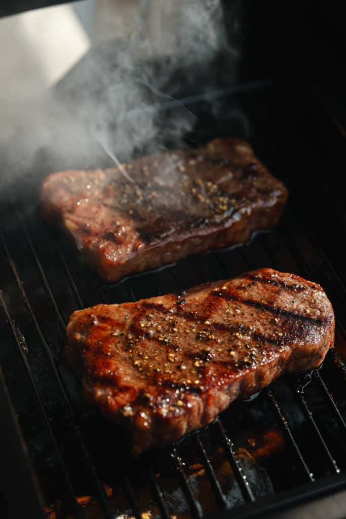 This image shows that seasoned ribeye steaks are placed on the smoker grate, surrounded by visible smoke. The steaks are cooking slowly, absorbing the smoky flavor.