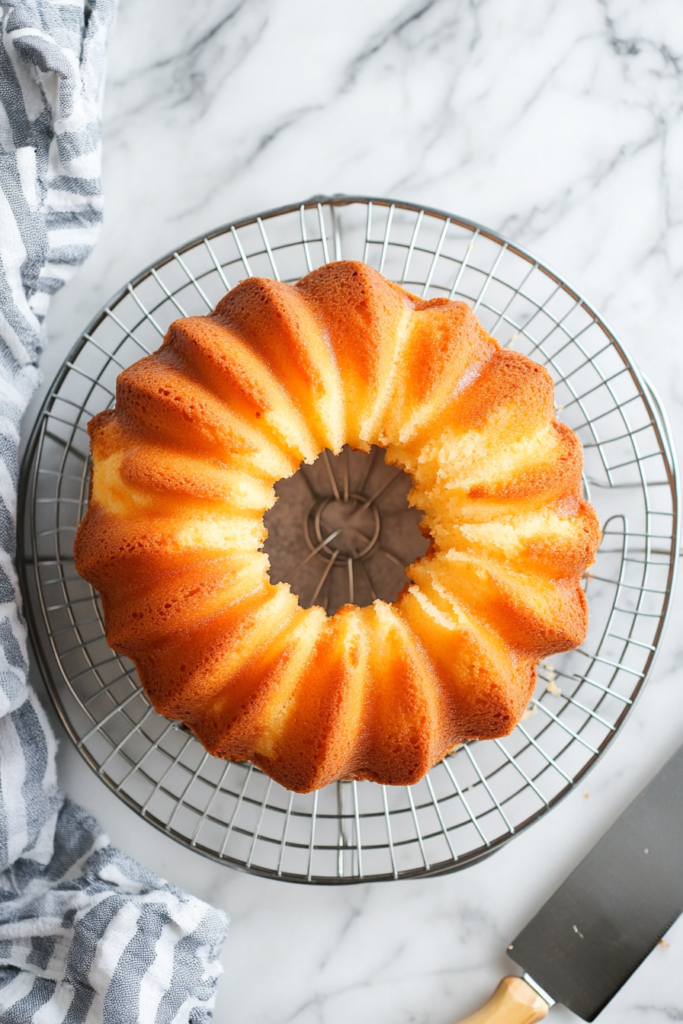 This image shows the cream cheese frosting being drizzled over the peach cake, with the frosting cascading down the sides for a beautiful finish.