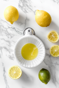 This image shows lemons and limes being juiced into a bowl, providing the zesty citrus base for the cowboy caviar dressing.