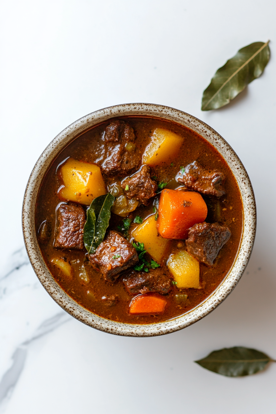 This image shows the vibrant Jamaican soup, filled with tender beef, vegetables, and rich spices, being ladled into a bowl, ready to serve hot.