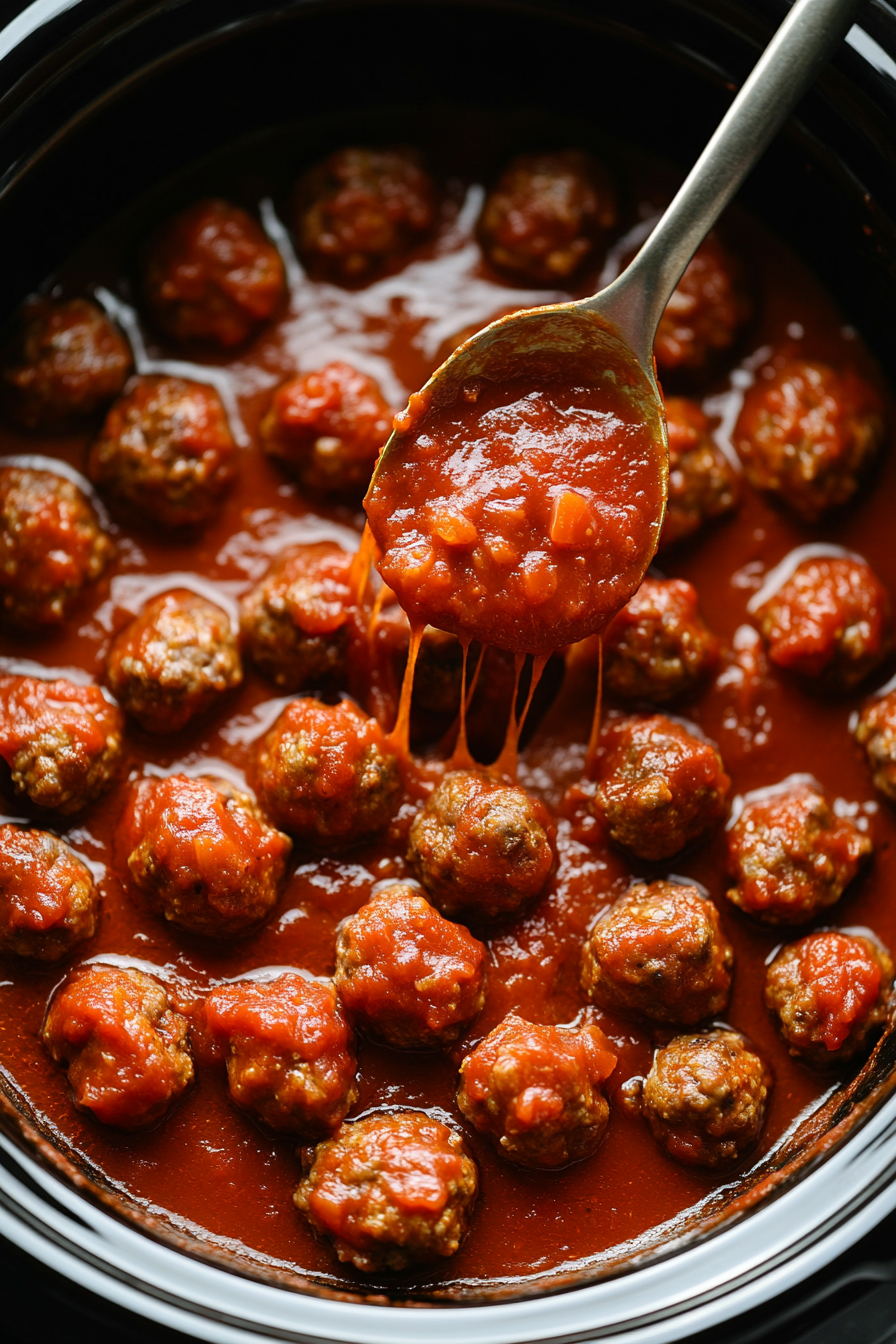 This image shows the shaped meatballs being carefully layered in the crockpot, with each layer covered in marinara sauce, ensuring even cooking and flavor.