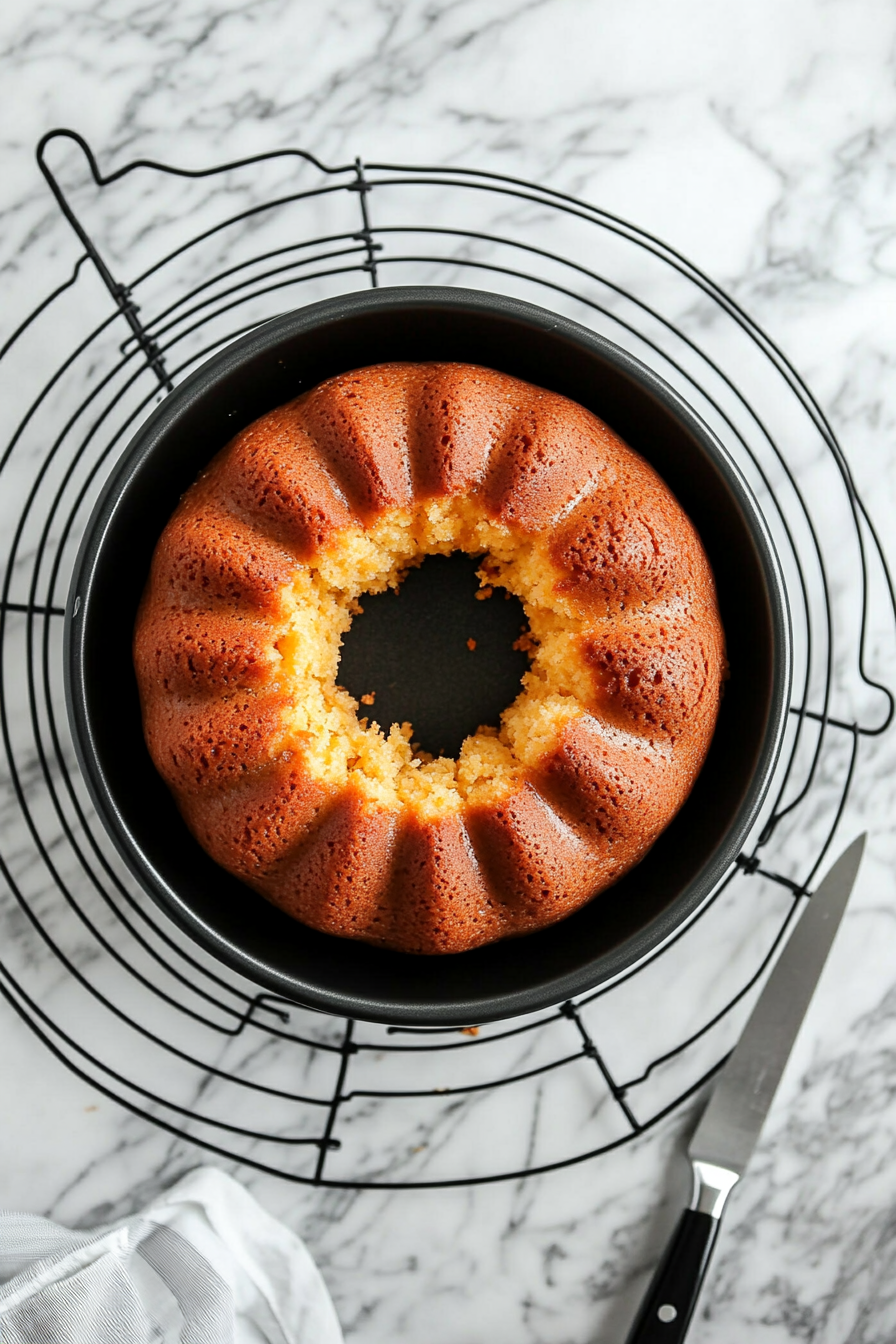 This image shows the freshly baked peach cake cooling in the bundt pan for five to ten minutes, allowing it to set before inverting.