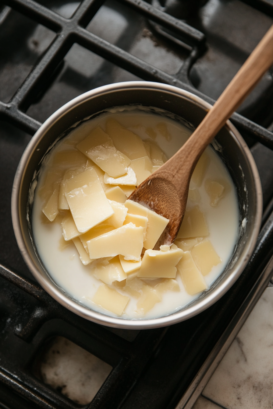 This image shows cheddar cheese slices melting in a small pot with milk, being stirred constantly until the mixture is smooth and creamy.