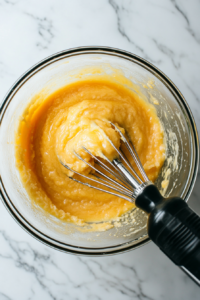 This image shows the cake mix, peaches with their juice, eggs, and vegetable oil being mixed together in a large bowl to create a smooth and fruity peach cake batter.