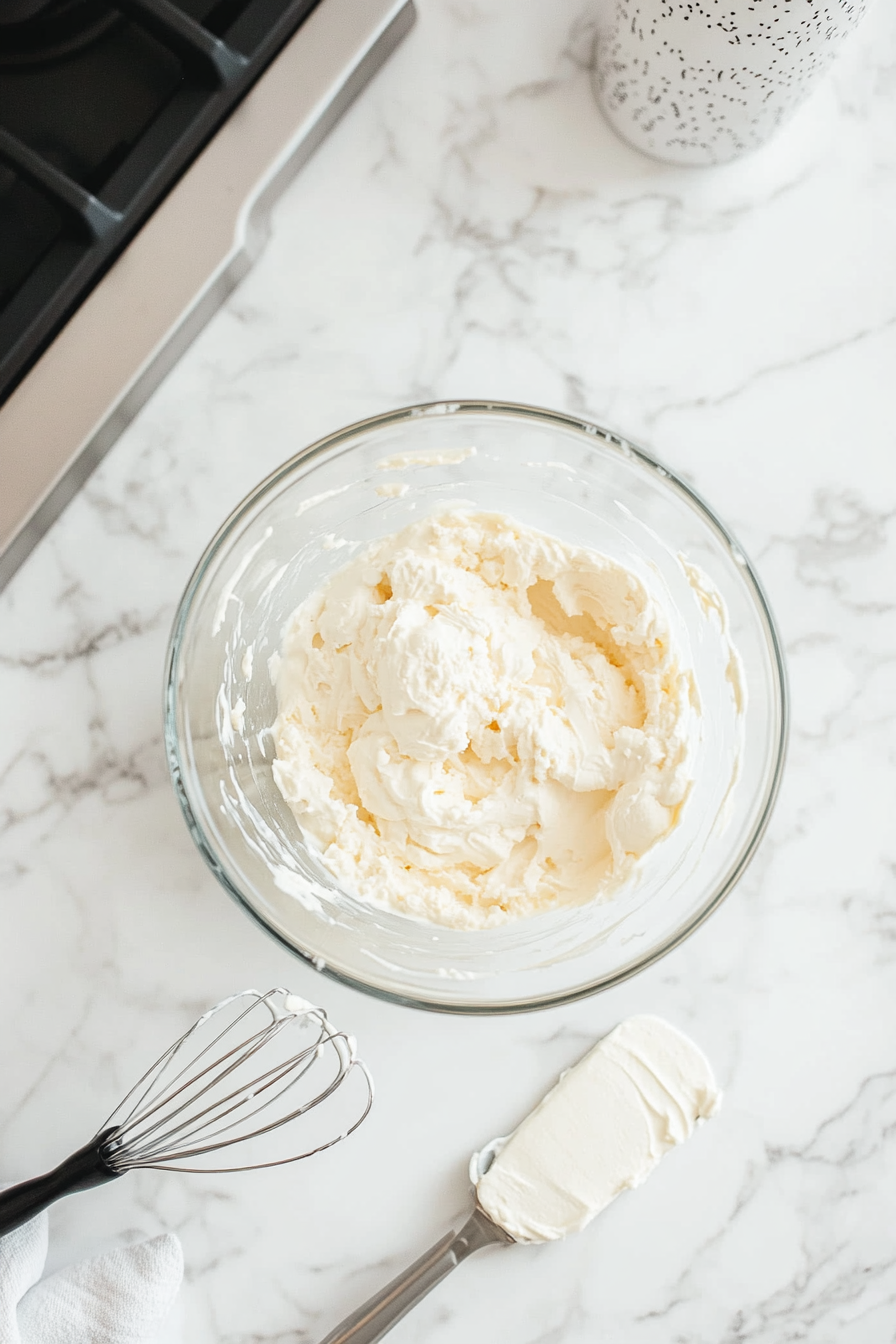 This image shows cream cheese, cheesecake pudding mix, vanilla extract, and milk being mixed together in a large bowl with an electric mixer to form a smooth, creamy base for the cherry cheesecake fluff.