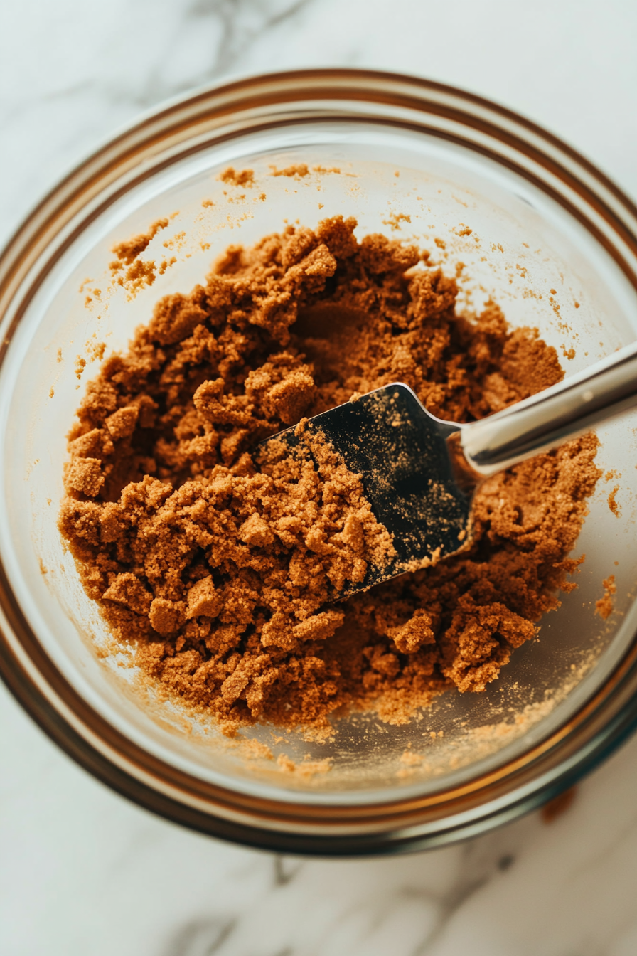 This image shows the crushed Nilla Wafers being mixed with melted butter in a bowl to create the buttery base for the banana cheesecake bars.