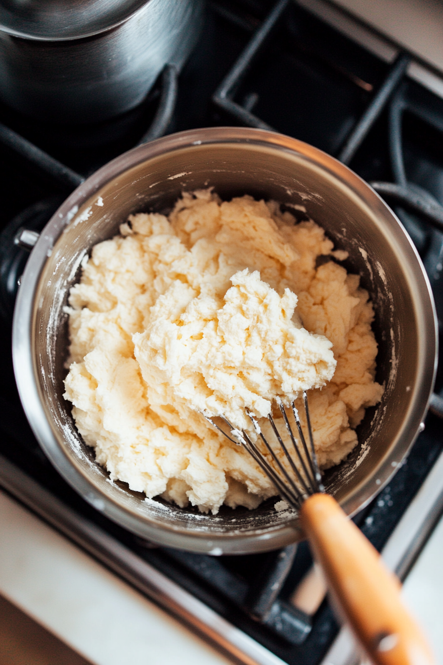 This image shows flour being vigorously stirred into the boiling mixture, followed by the gradual addition of eggs to create a smooth and glossy choux dough for French crullers.