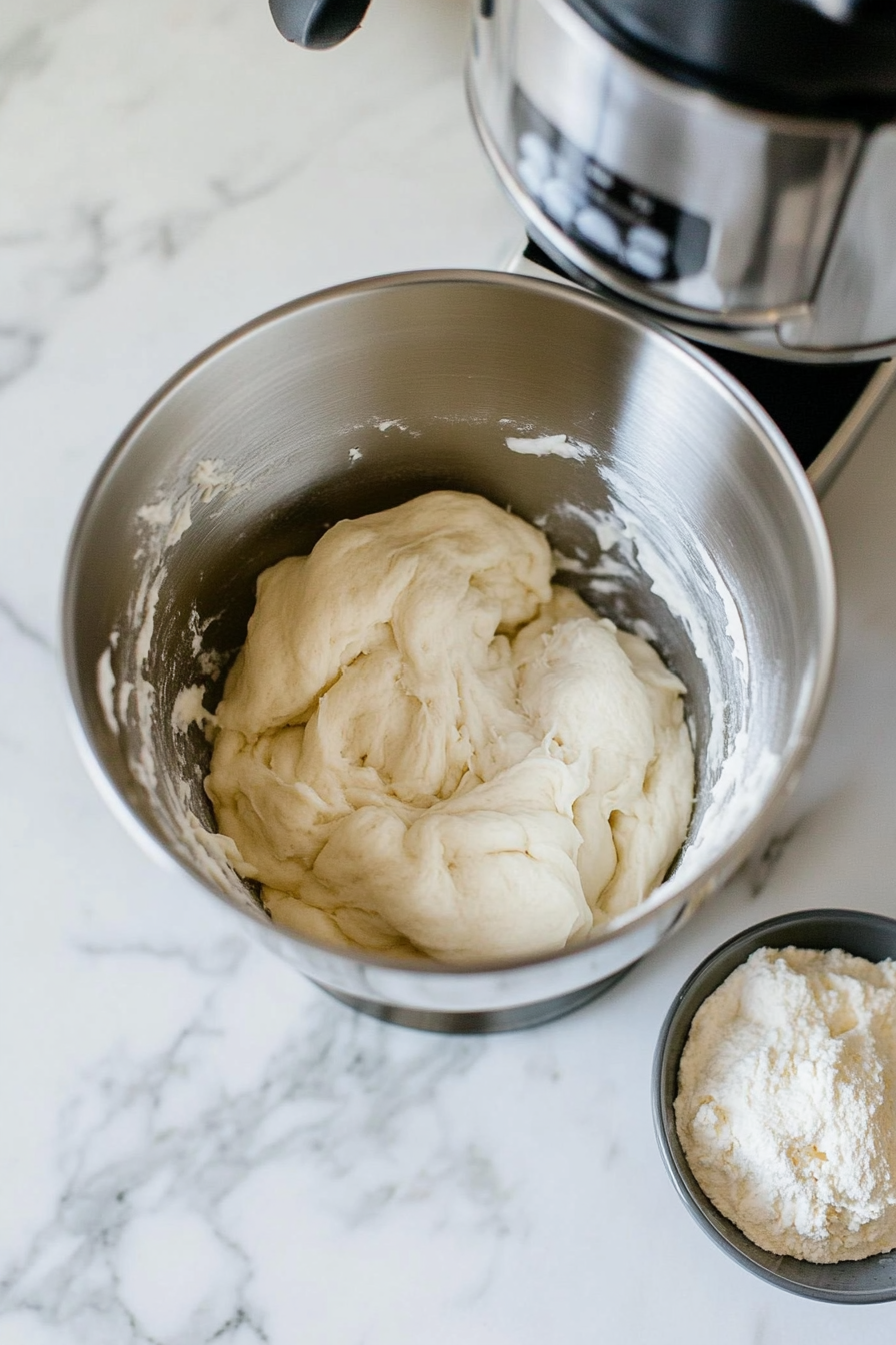 This image shows flour, yeast, sugar, and milk being mixed together in a stand mixer to create the base dough for pizza pretzels, starting the process of making these delicious treats.