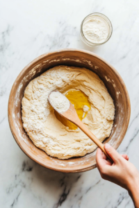 This image shows the process of mixing flour, yeast, sugar, salt, hot water, and oil in a large mixing bowl to create a sticky dough base for the bread.