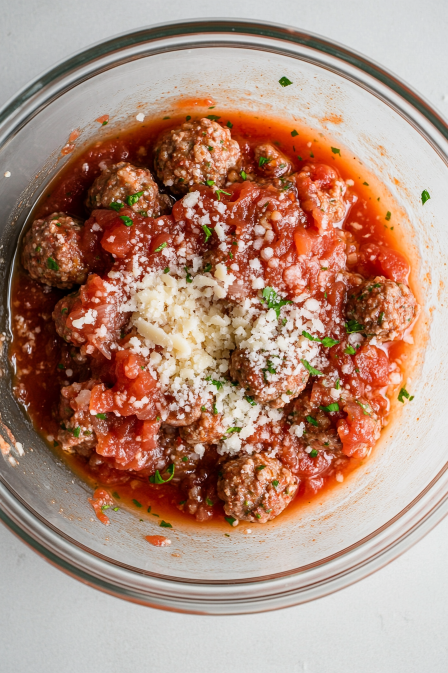 This image shows the ingredients for the meatballs, including ground beef, breadcrumbs, grated Parmesan, and seasonings, being mixed together in a large bowl to create a well-combined meatball mixture.