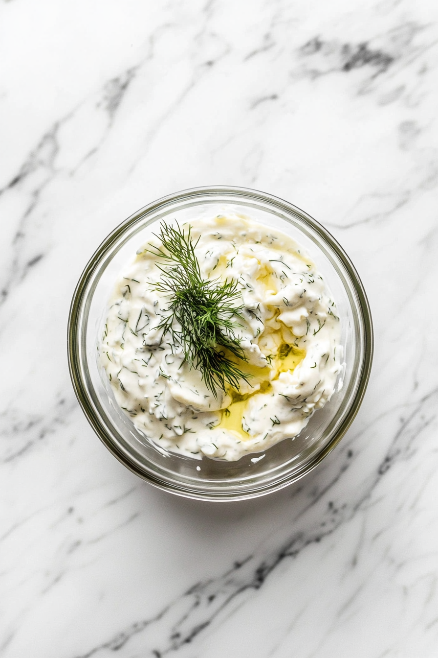 This image shows mayonnaise, chopped pickles, lemon juice, capers, and fresh dill being mixed together in a bowl to create a smooth and creamy base for tartar sauce.