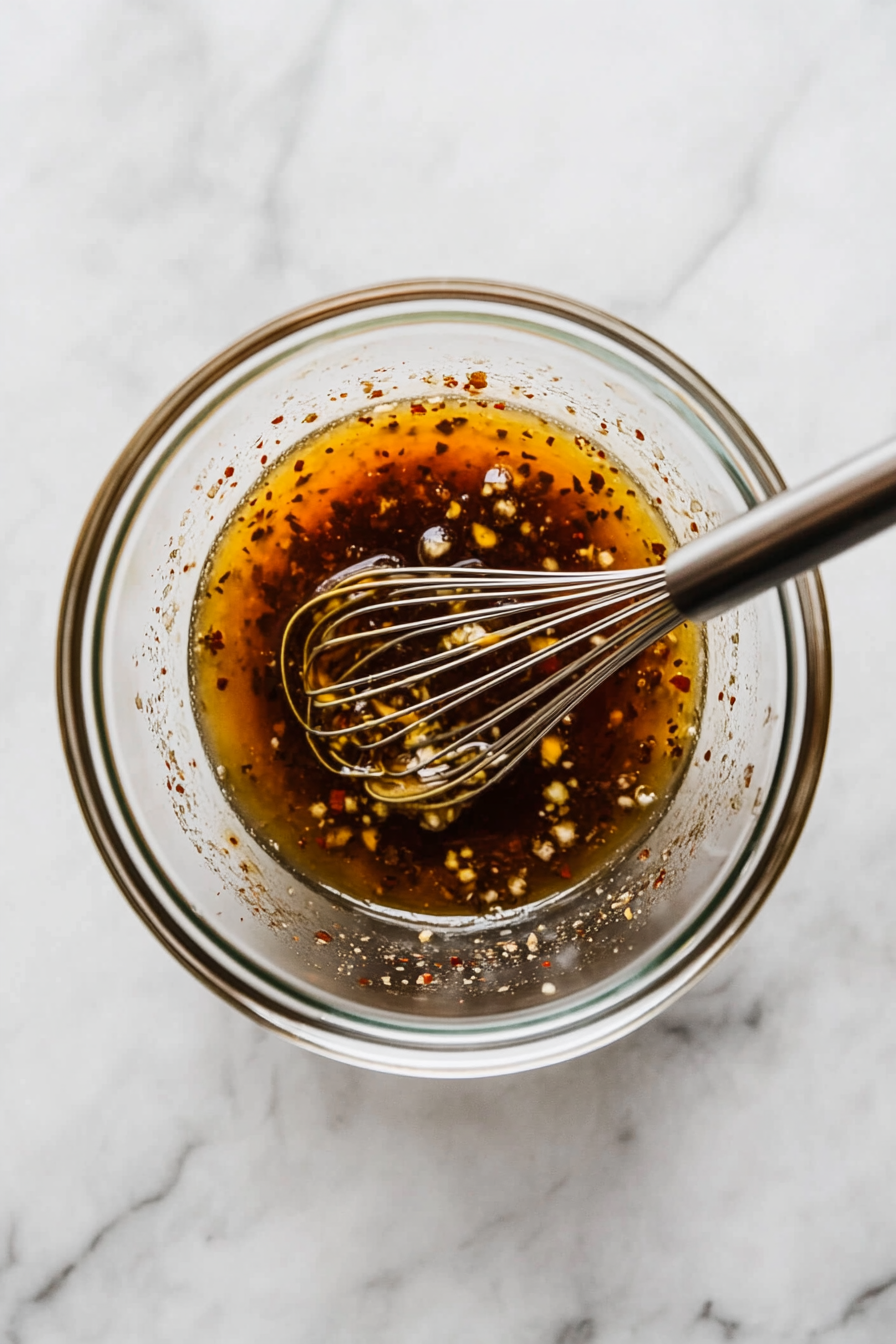 This image shows melted butter being mixed with celery salt, garlic salt, Worcestershire sauce, cayenne pepper, and Tabasco sauce in a bowl, creating a flavorful coating for the snack mix.