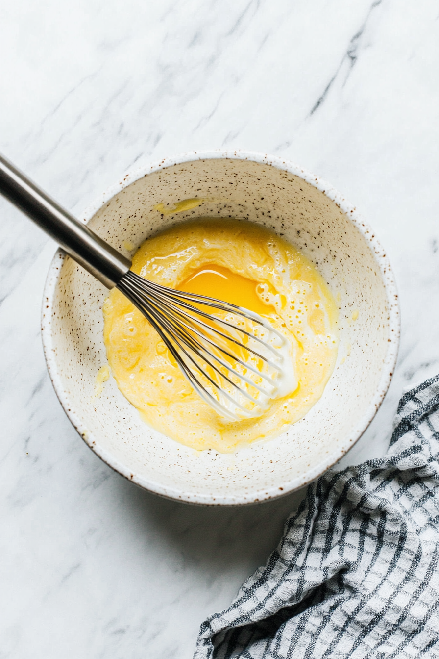 This image shows milk, beaten egg, and vanilla extract being mixed together in a shallow bowl, creating the rich egg mixture for dipping the Nutella French toast.