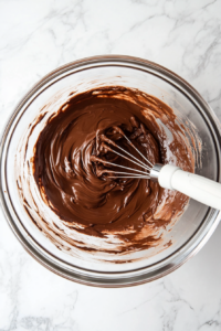 This image shows Nutella and eggs being mixed in a large bowl using a hand blender, creating a smooth and slightly expanded batter for the Nutella cake.