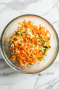 This image shows shredded carrots, mashed bananas, shredded zucchini, eggs, oil, and yogurt being mixed together in a bowl to create the wet ingredients for breakfast muffins.