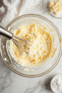 This image shows softened cream cheese being mixed with banana cream pudding mix using an electric mixer, creating a smooth and creamy filling for the cheesecake bars.