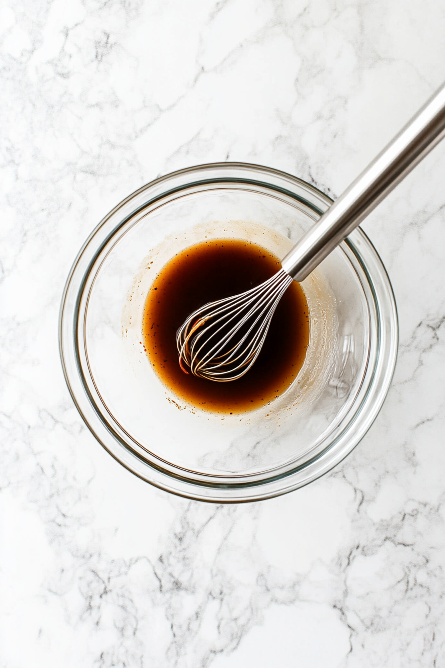 This image shows all the ingredients for the sauce, including soy sauce, vegetable stock, cornstarch, and brown sugar, being mixed in a container to create the flavorful sauce for tofu stir fry.