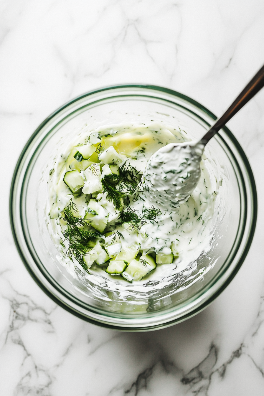 This image shows all the ingredients, including strained cucumber, coconut yogurt, garlic, dill, lemon juice, and olive oil, being combined in a mixing bowl to create the vegan tzatziki sauce.