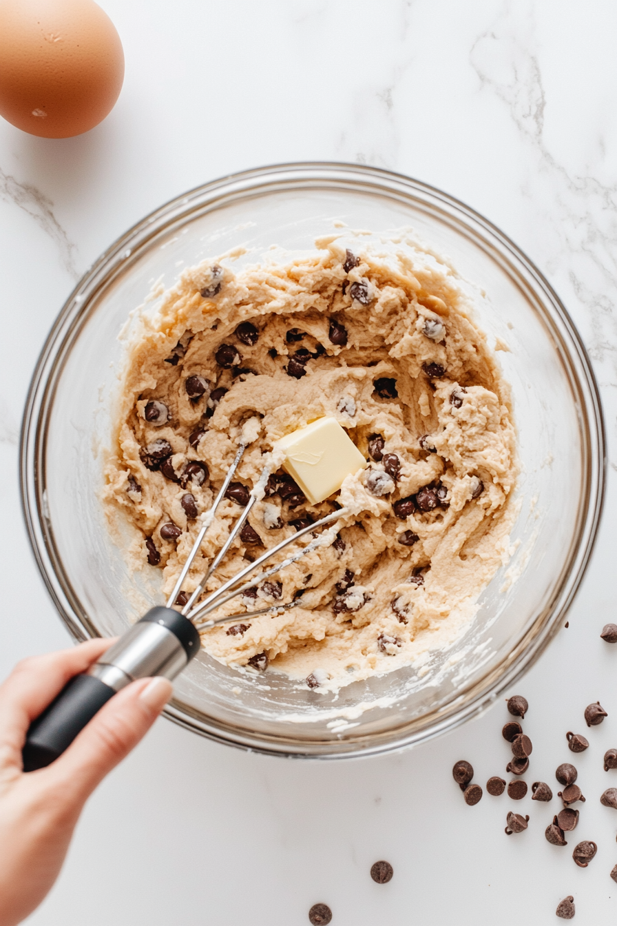 This image shows the cookie dough base being mixed in a large bowl using a hand mixer until the ingredients are smooth and well combined.