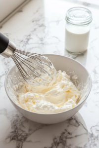 This image shows the cheesecake layer being mixed until creamy, with cream cheese, powdered sugar, and cornstarch blended together in a mixing bowl.