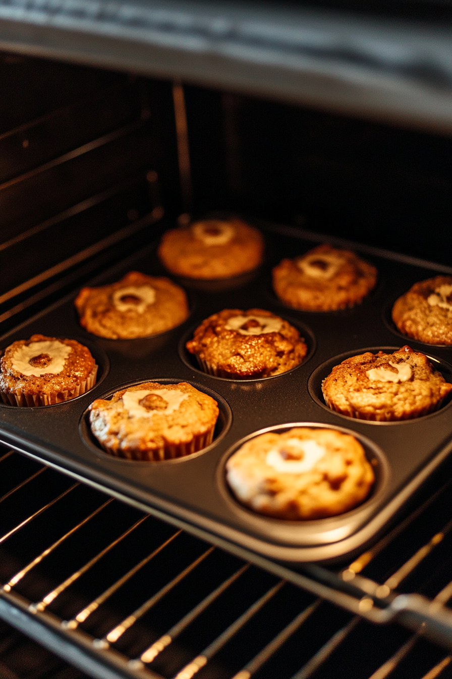 This image shows the muffins baking in the oven, with the tops turning golden and lightly bouncing back when pressed, signaling that they are perfectly cooked.